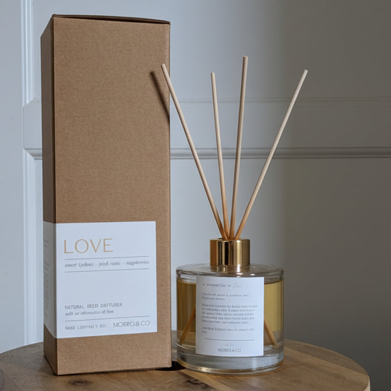 Diffuser bottle and packaging labeled 'LOVE' on a wooden surface.