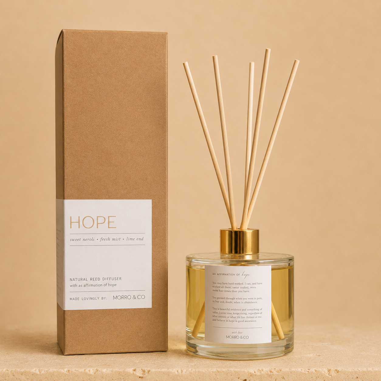 Morro & Co eco reed diffuser with packaging on a beige background