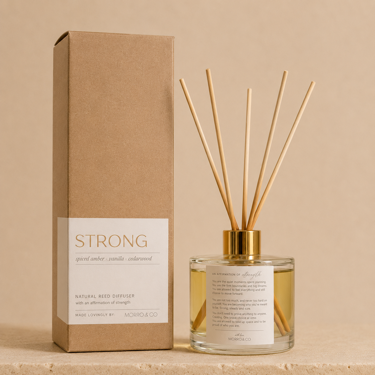 Morro & Co eco reed diffuser with packaging on a beige background