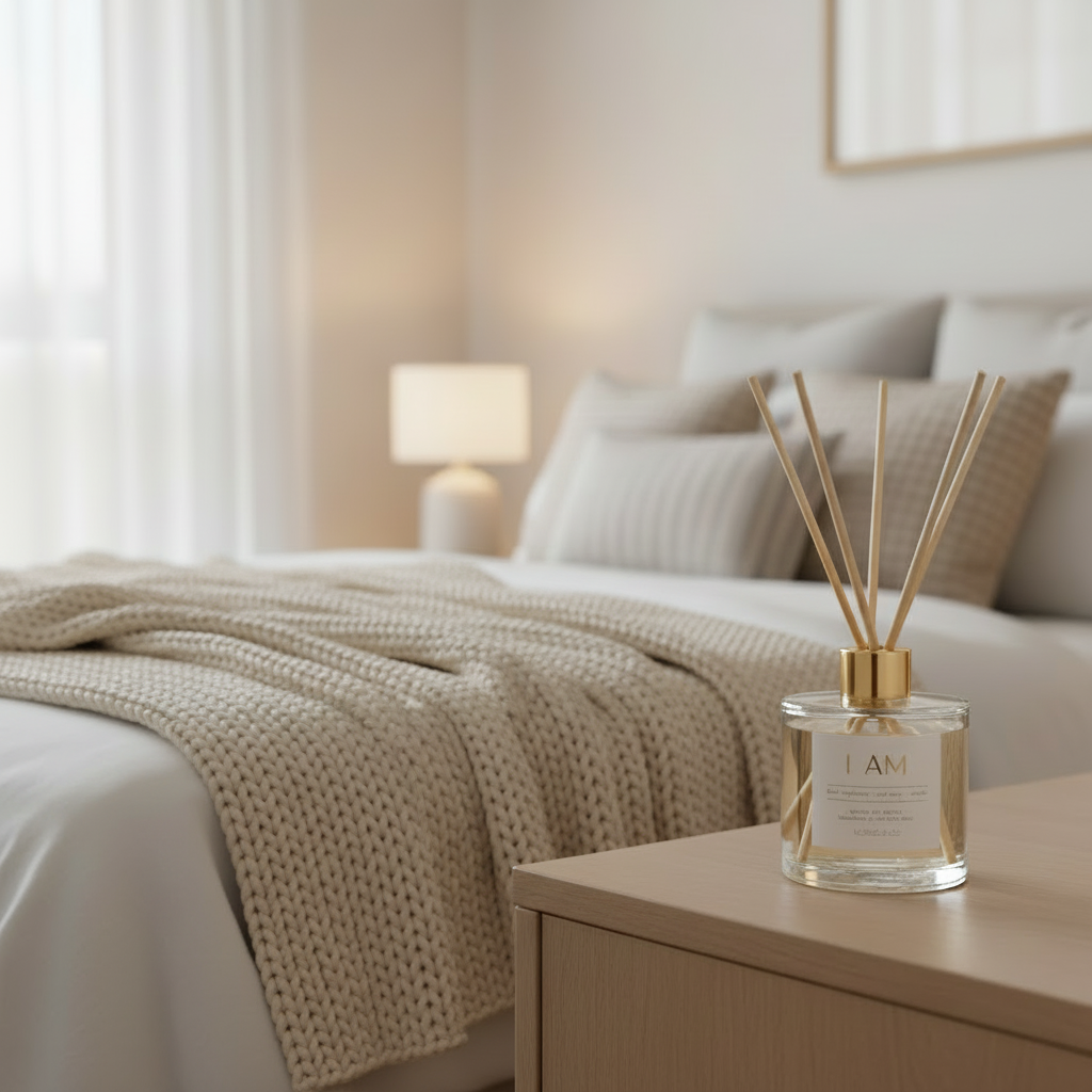Bedroom with a diffuser on a nightstand, soft lighting, and neutral colors.