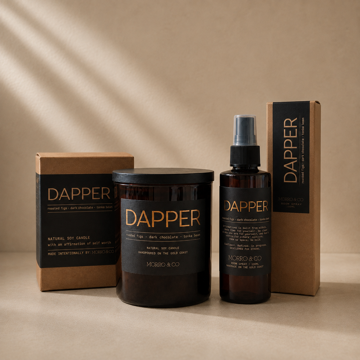 Morro & Co natural soy candle and room spray home fragrance bundle for him