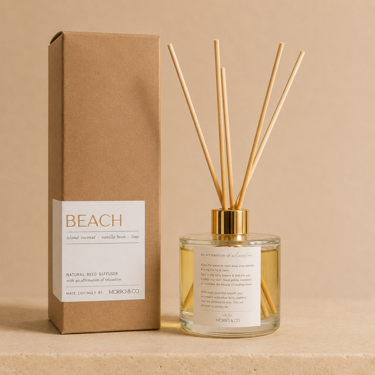 Morro & Co BEACH eco reed diffuser with packaging on a warm beige background