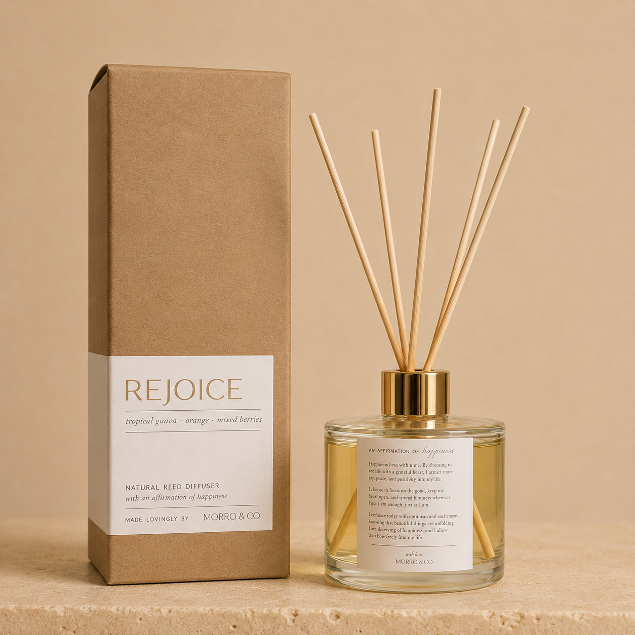 Morro & Co REJOICE eco reed diffuser with joyful affirmation