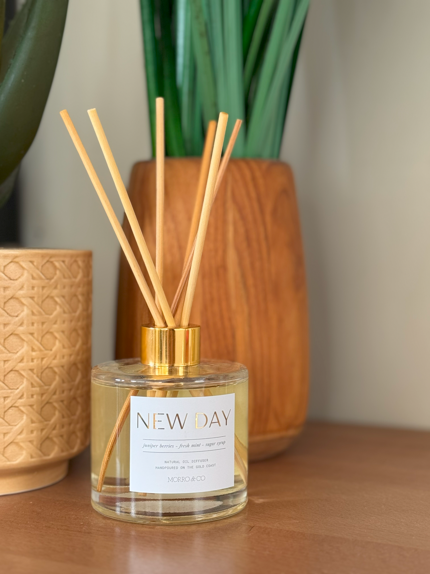 new day eco reed diffuser sitting on wooden bench next to potted plants displaying NEW DAY on gold label