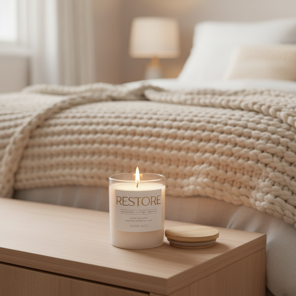 Candle labeled 'RESTORE' on a nightstand with a cozy bedroom setting.