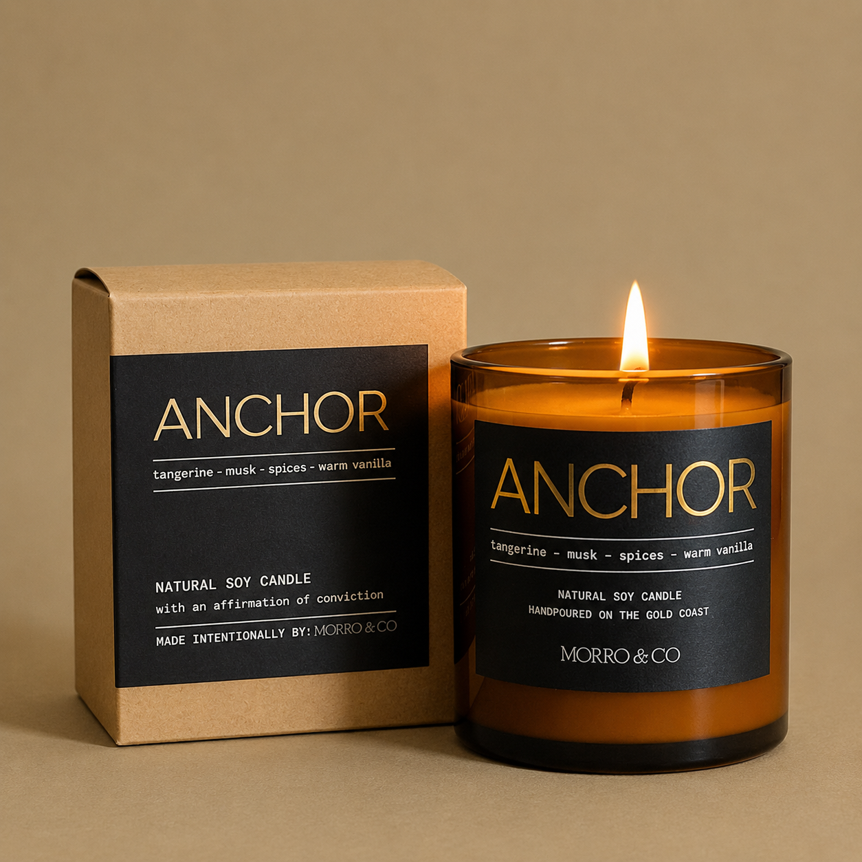 Anchor candle with packaging on a beige background
