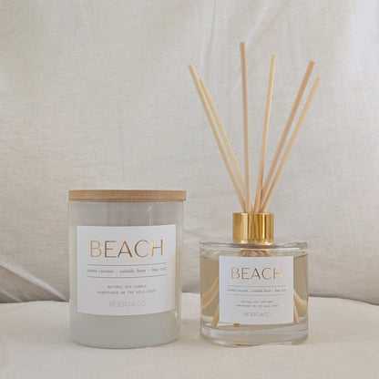 Two 'Beach' scented products on a neutral background