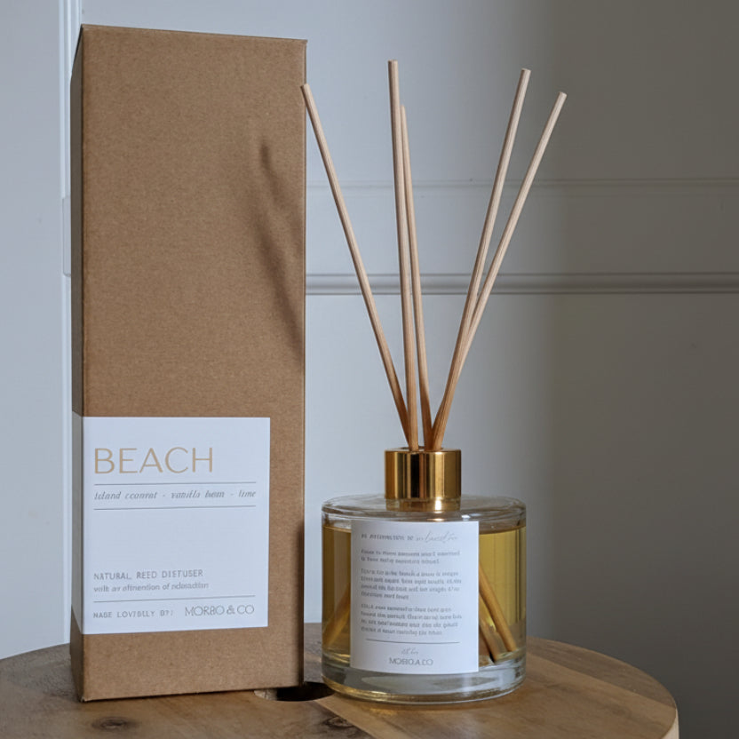 Diffuser and packaging labeled 'Beach' on a wooden surface.
