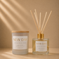 Morro & Co NEW DAY natural soy candle and eco reed diffuser on a warm beige background