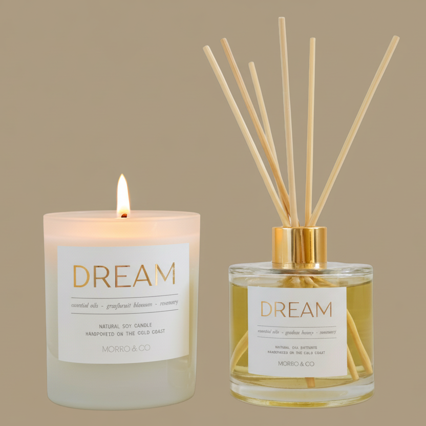 Candle and diffuser set with 'Dream' label on a beige background