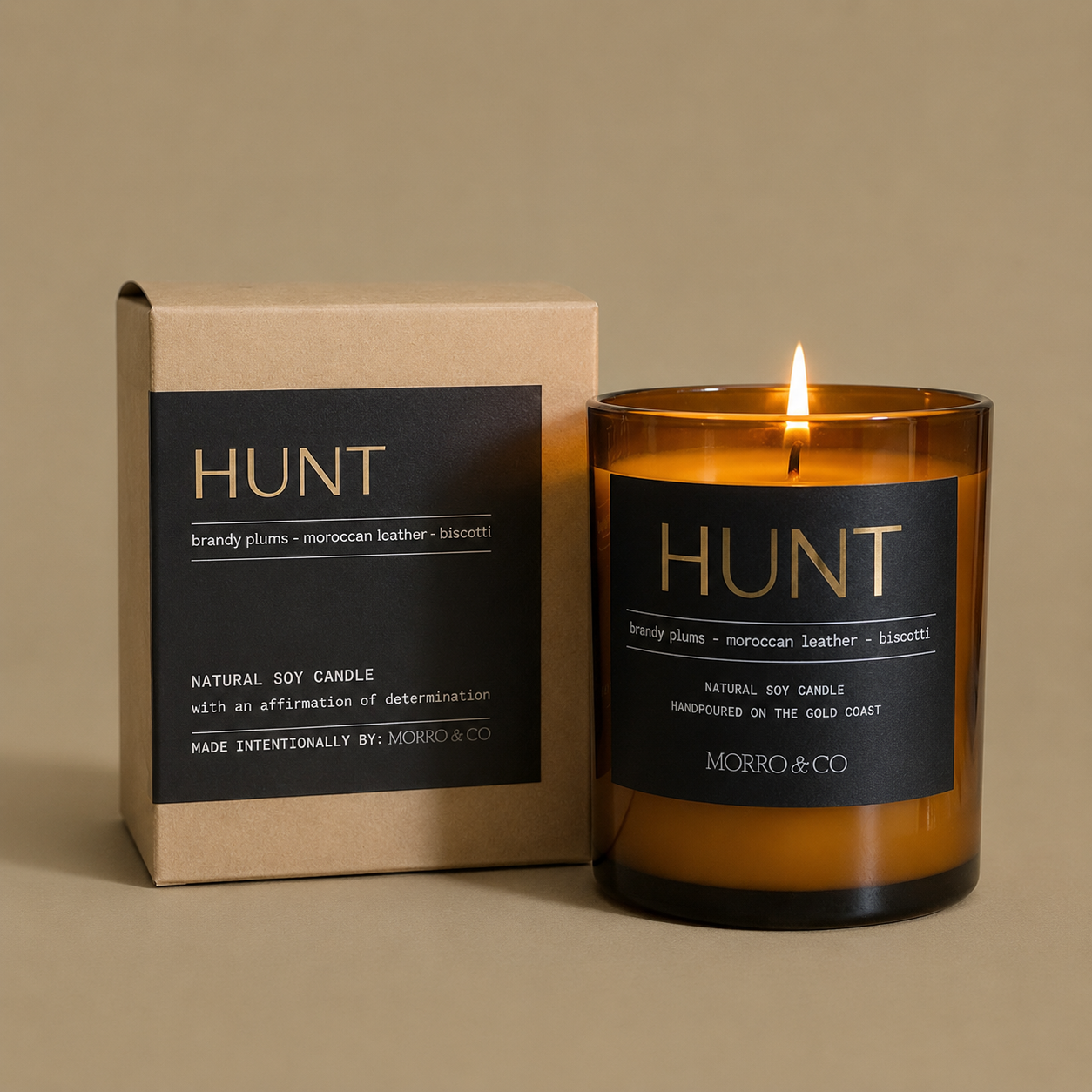 Hunt candle with packaging on a beige background