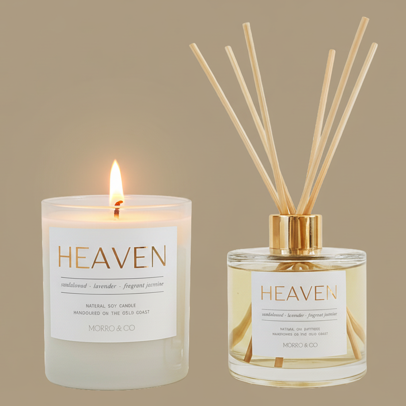 Candle and diffuser set with 'HEAVEN' label on a beige background
