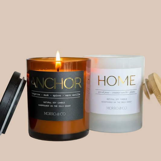 Two candles, one labeled 'Anchor' and the other 'Home', on a white background.