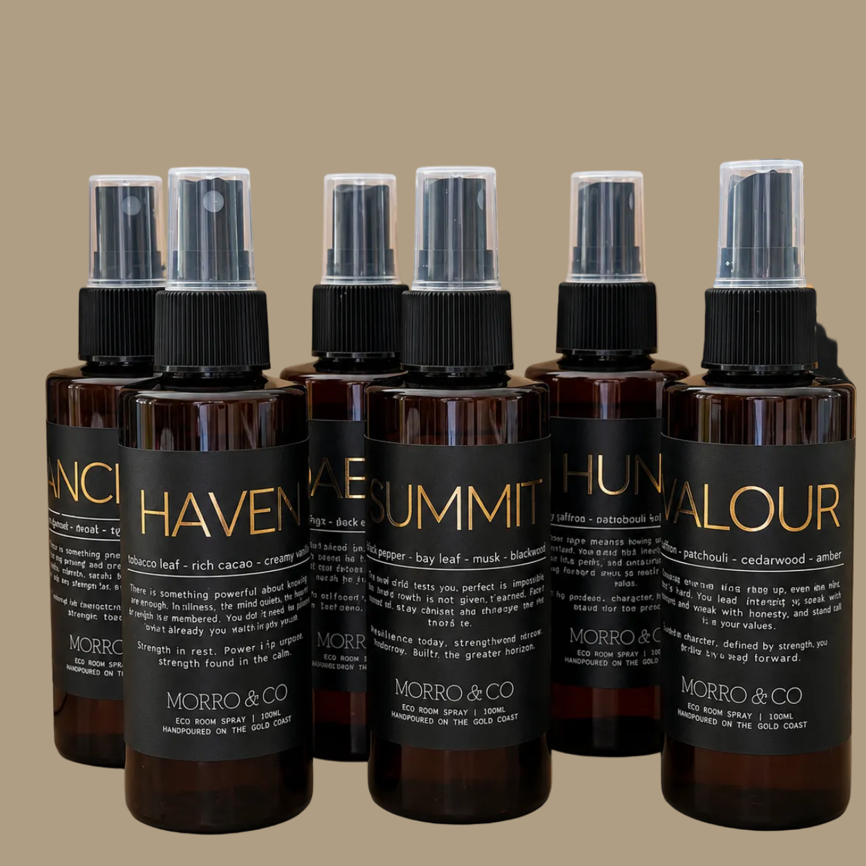 Morro & Co dark brown bottles with black labels on a beige background