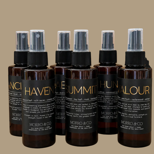 Morro & Co dark brown bottles with black labels on a beige background