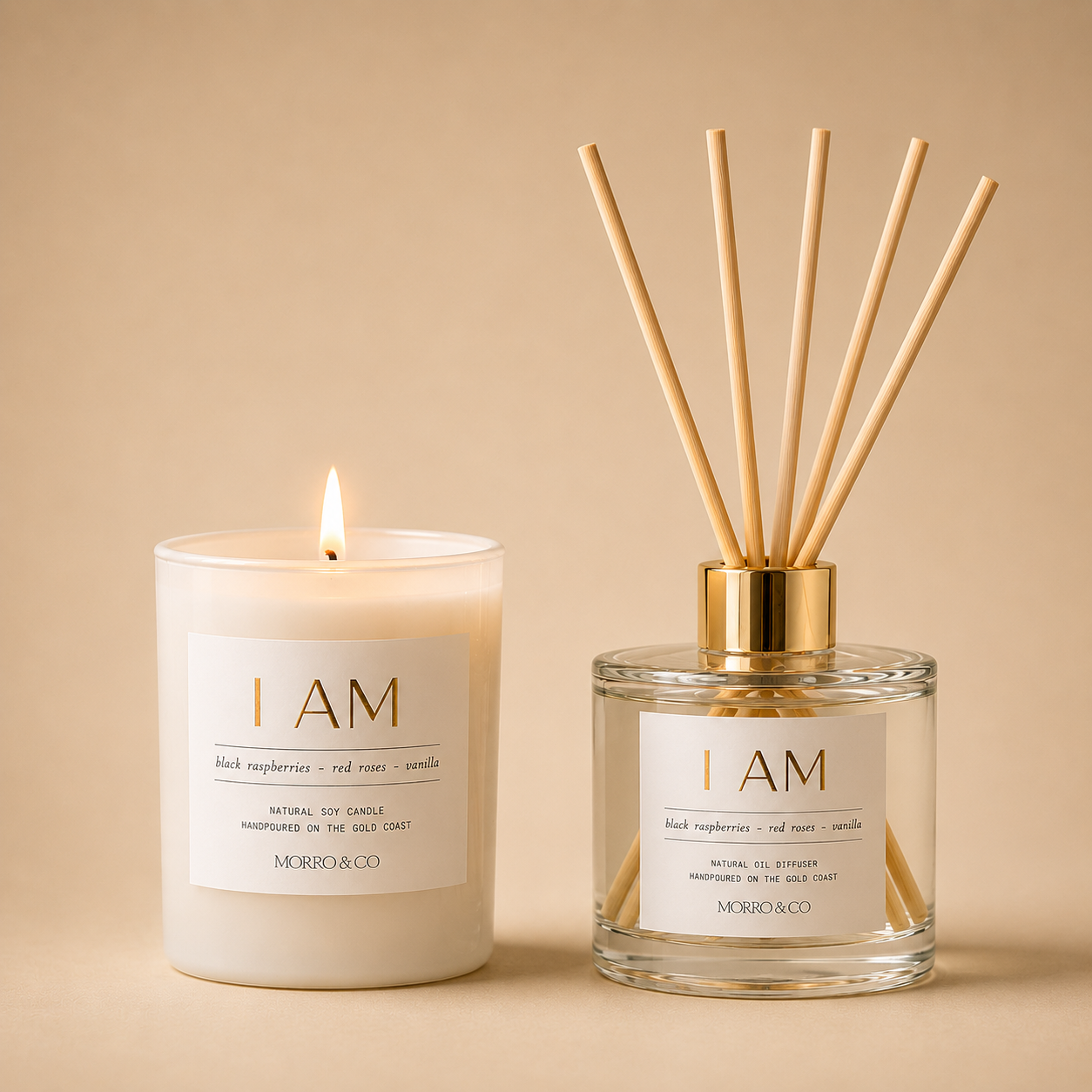 Morro & Co candle and diffuser set with 'I AM' labels on a beige background