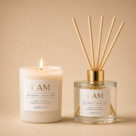 Morro & Co candle and diffuser set with 'I AM' labels on a beige background