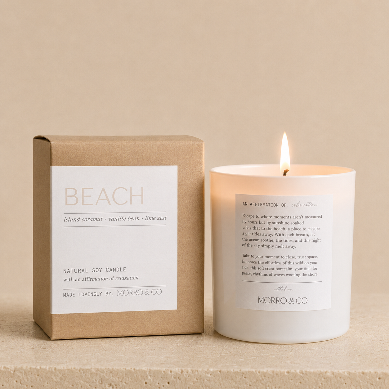 Morro & Co candle and packaging with 'Beach' label on a beige background