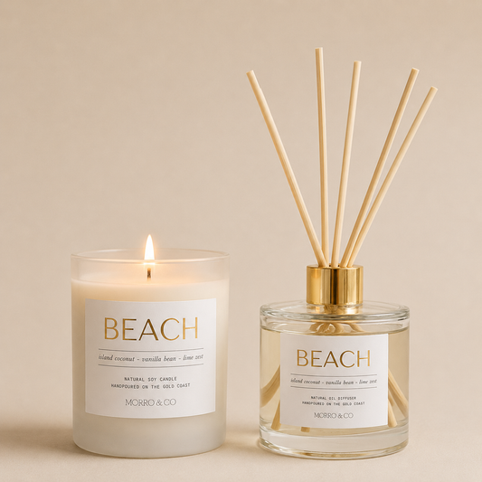 Morro & Co Candle and diffuser labeled 'Beach' on a beige background