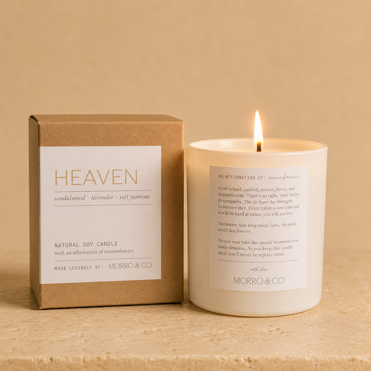 Morro & Co candle labeled 'Heaven' with packaging on a beige background