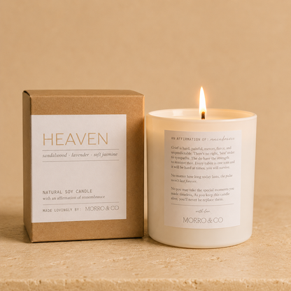 Morro & Co candle labeled 'Heaven' with packaging on a beige background