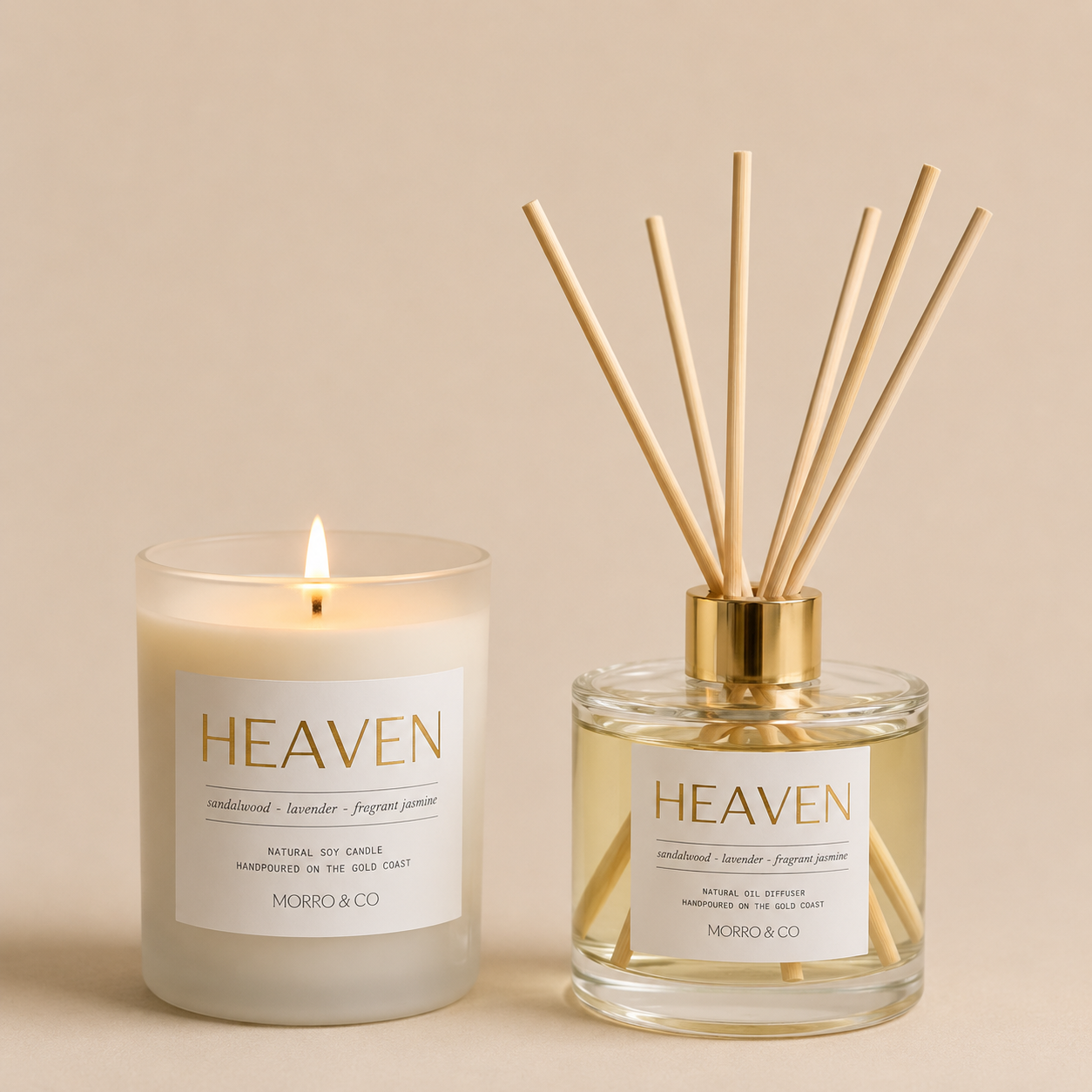 Candle and diffuser labeled 'HEAVEN' by Morro & Co on a beige background