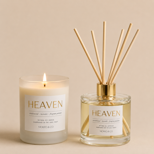 Candle and diffuser labeled 'HEAVEN' by Morro & Co on a beige background