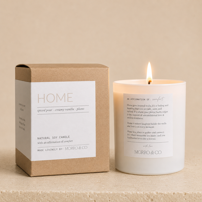 Candle and its packaging with 'Morro & Co' branding on a beige background
