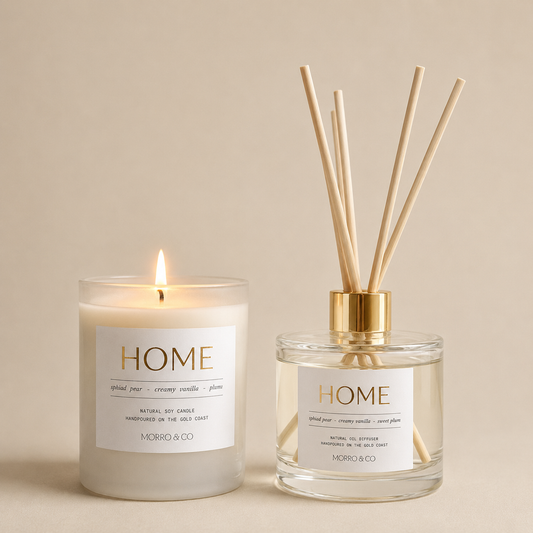 Morro & Co Candle and diffuser set with 'HOME' label on a beige background