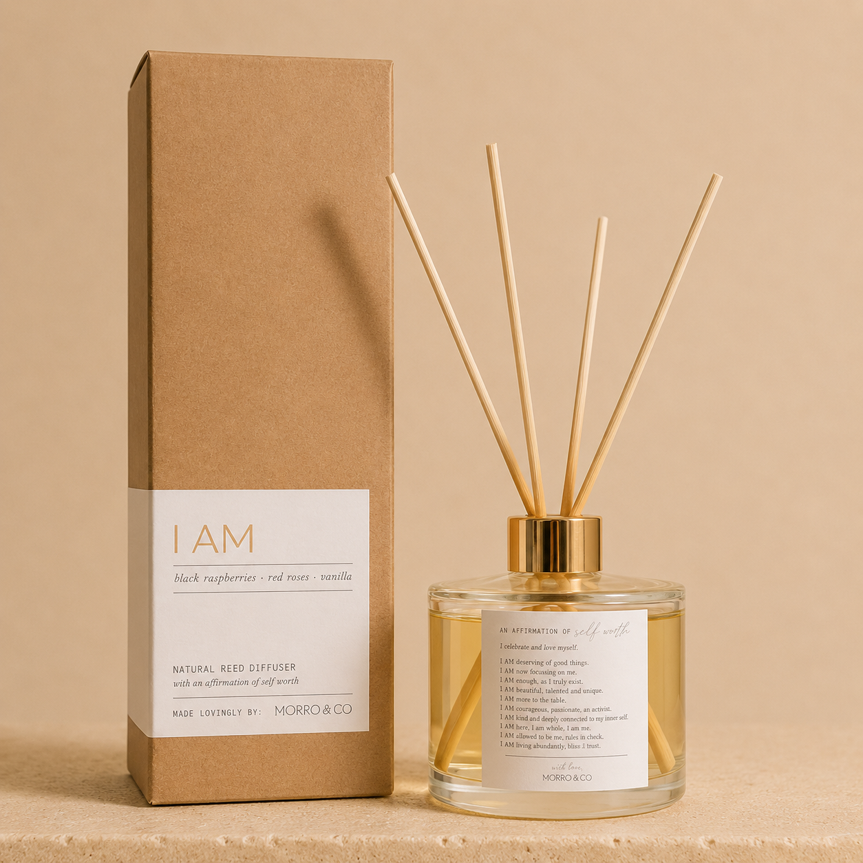 Morro & Co eco reed diffuser with packaging on a beige background