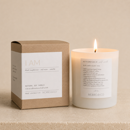 Morro & Co Candle with a label and its packaging on a beige background