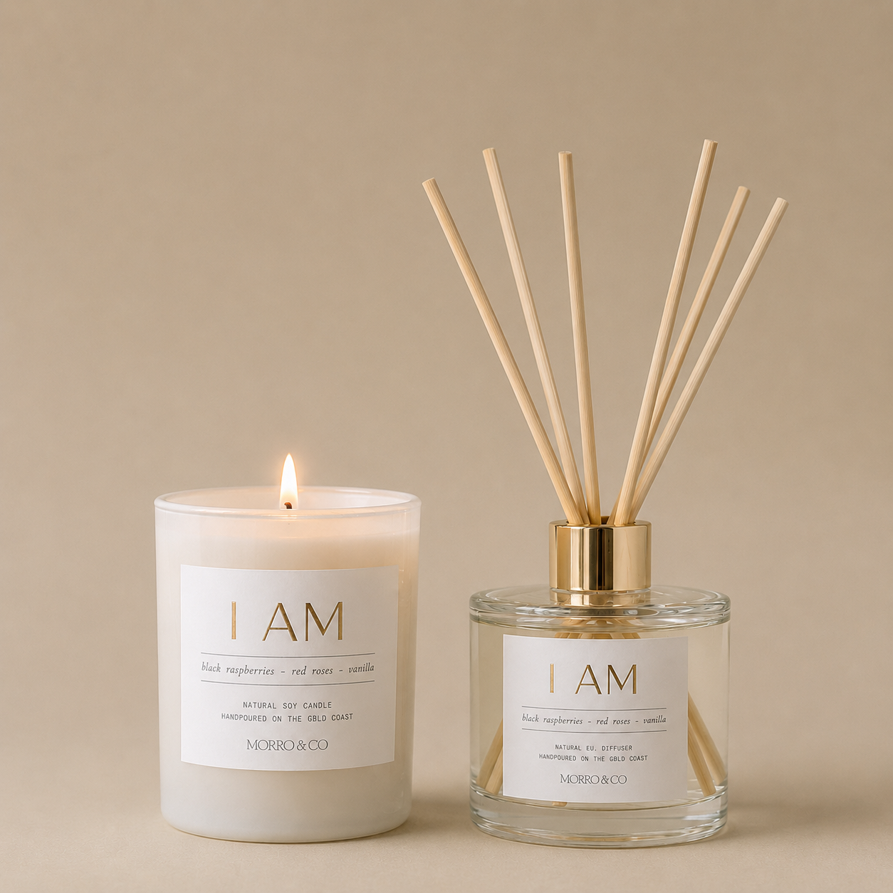 Morro & Co Candle and diffuser set with 'I AM' branding on a beige background
