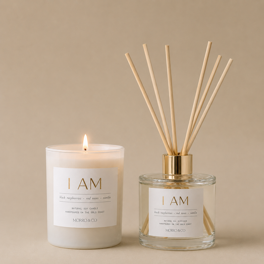 Morro & Co Candle and diffuser set with 'I AM' branding on a beige background