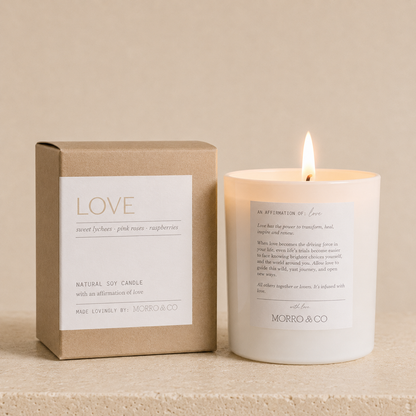 Morro & Co candle and packaging with 'LOVE' text on a beige background