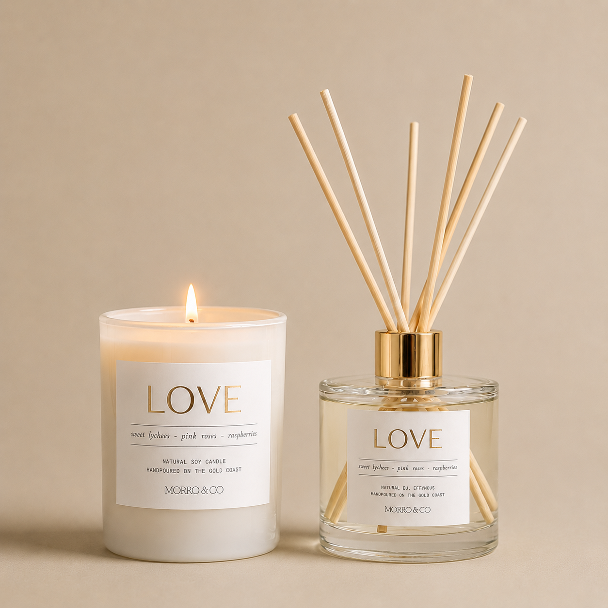 Morro & Co Candle and diffuser set with 'LOVE' label on a beige background