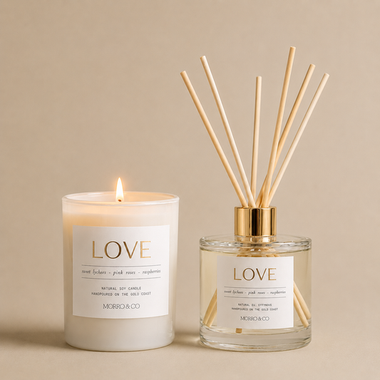 Morro & Co Candle and diffuser set with 'LOVE' label on a beige background