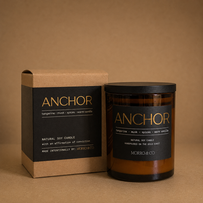 Morro & Co Men's natural soy candle with natural masculine packaging