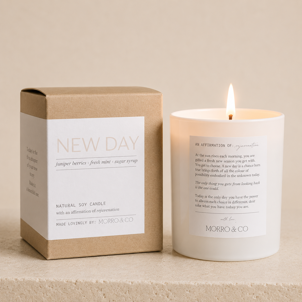 Morro & Co Candle and packaging with 'New Day' text on a beige background