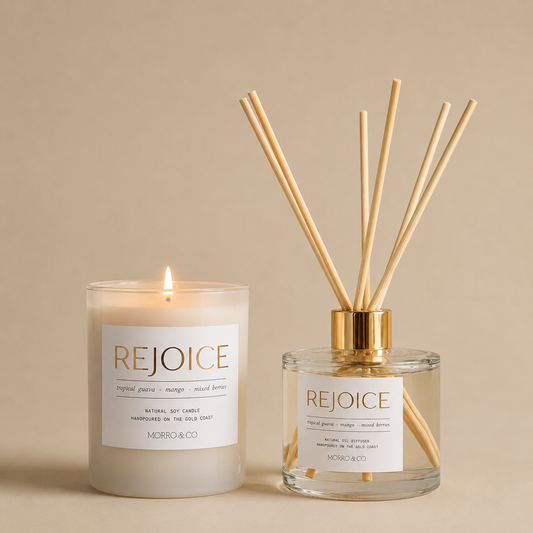 Morro & Co Candle and diffuser set with 'REJOICE' branding on a beige background