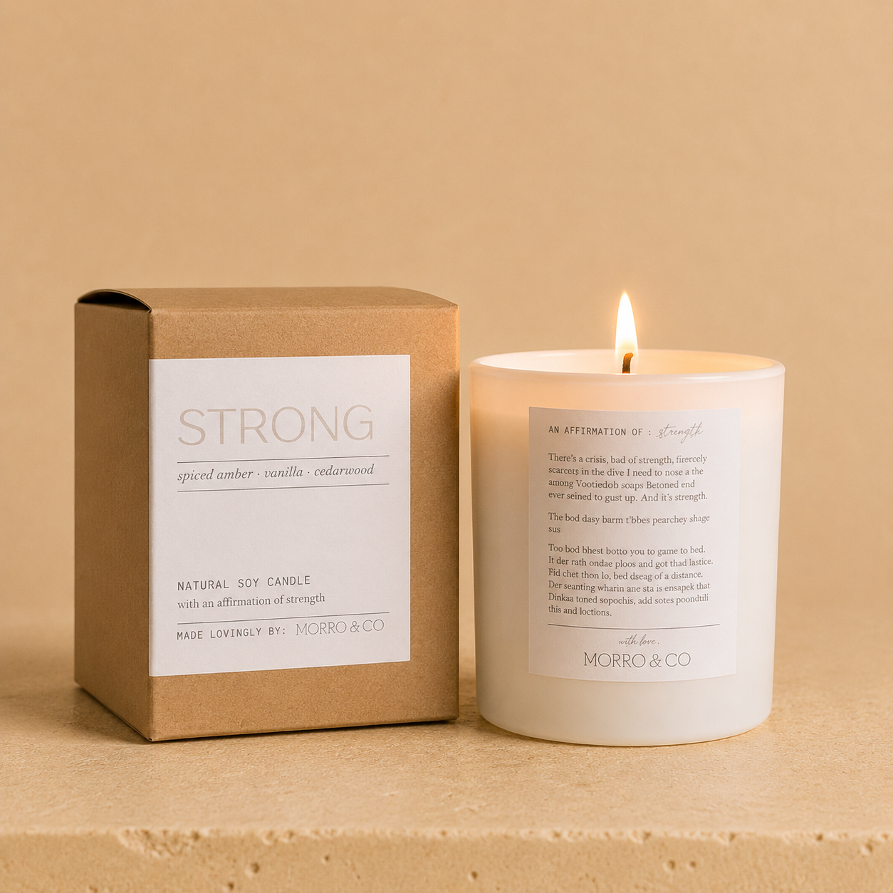 Morro & Co Candle and packaging with 'STRONG' label on a beige background