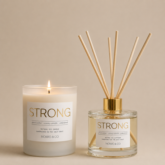Morro & Co Candle and diffuser set with 'STRONG' branding on a beige background