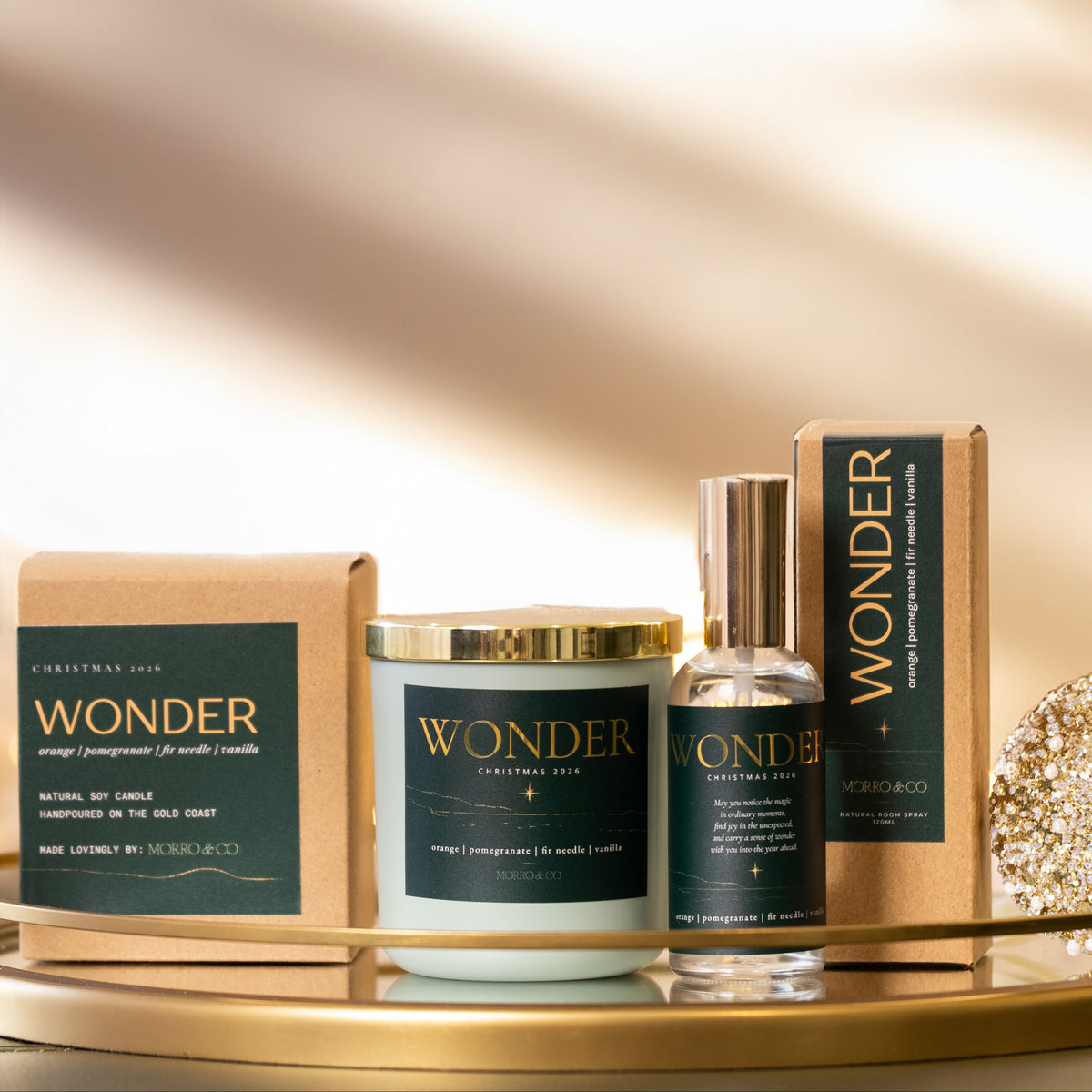 Morro & Co WONDER Christmas Fragrance featuring natural soy candle and room spray