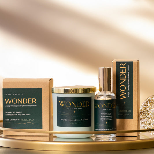 Morro & Co WONDER Christmas Fragrance featuring natural soy candle and room spray