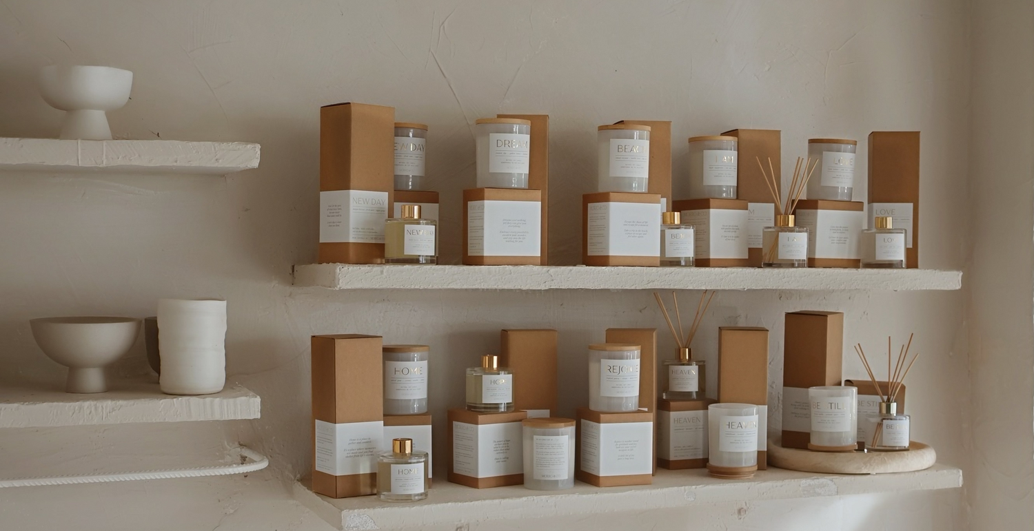 Shelves with various candles and boxes against a neutral wall
