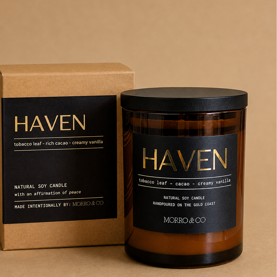 Morro & Co men's haven candle with packaging on a beige background