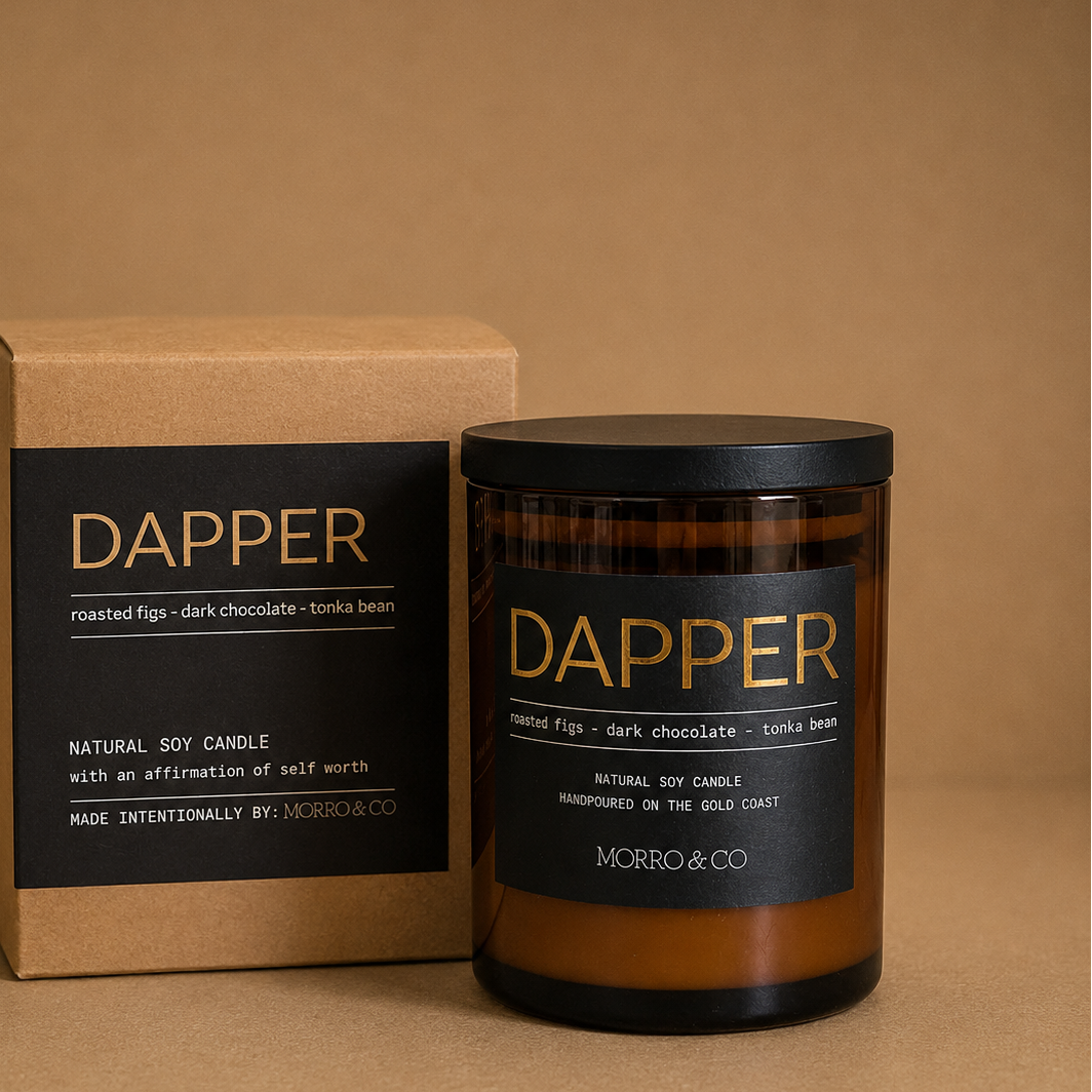 Morro & Co DAPPER men's natural soy candle with warm refined fragrance