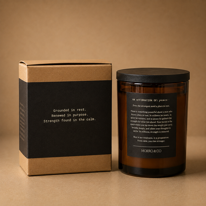Morro & Co Men's masculine natural soy candle with peaceful affirmation