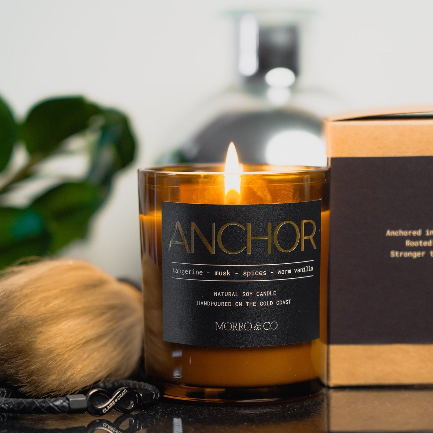 Morro & Co complete Men's Anchor natural soy candle with affirmation