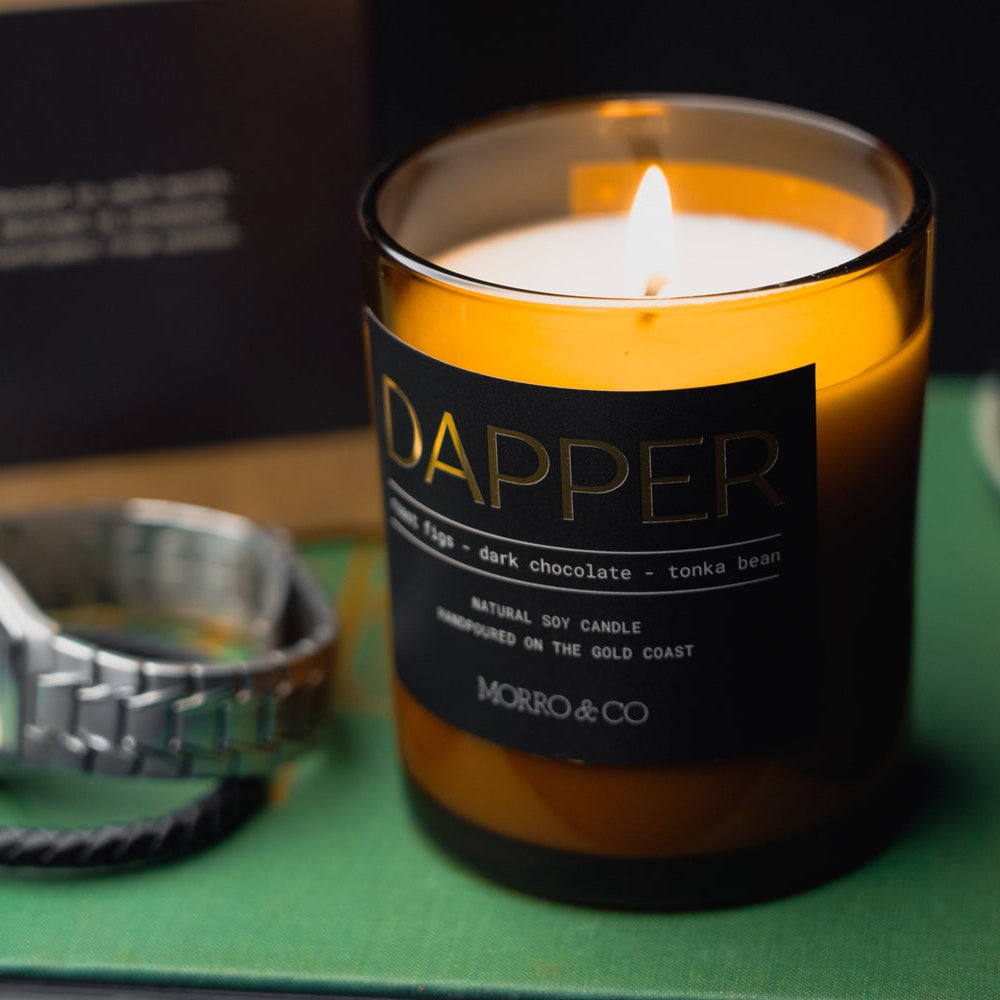 Morro & Co complete Men's Dapper natural soy candle with affirmation
