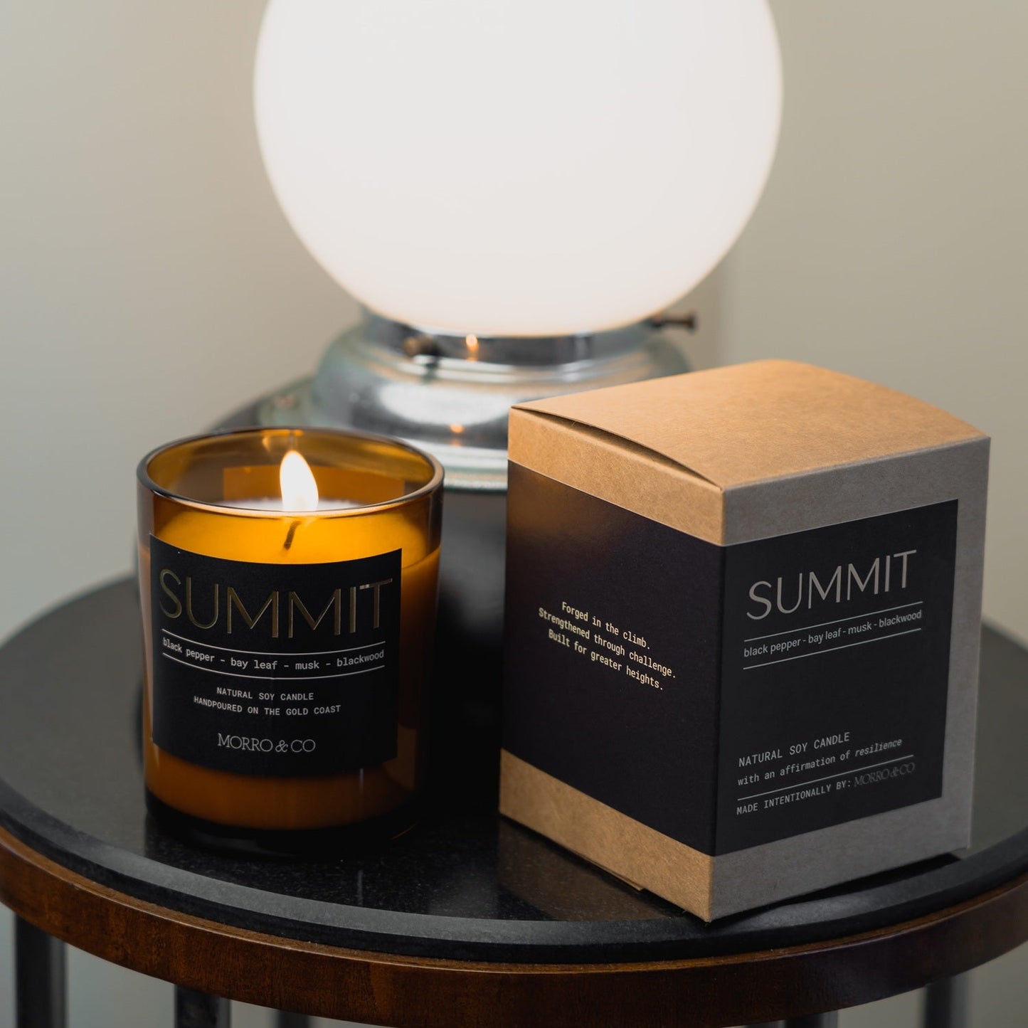 Morro & Co complete Men's Summit natural soy candle with affirmation